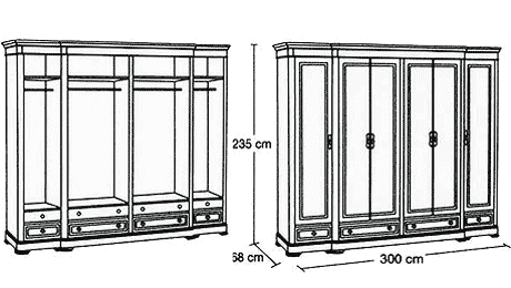 шкаф платяной 6-ти дверный Висент Монторо модель 3901 ширина 255 см, модель 3902 ширина 300 см